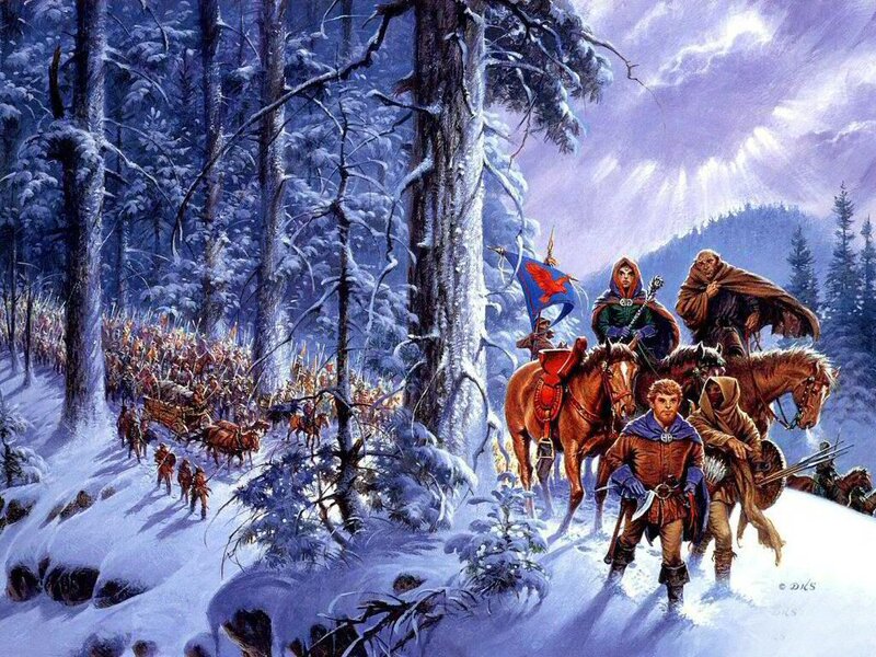 Soldiers marching through snowy forest