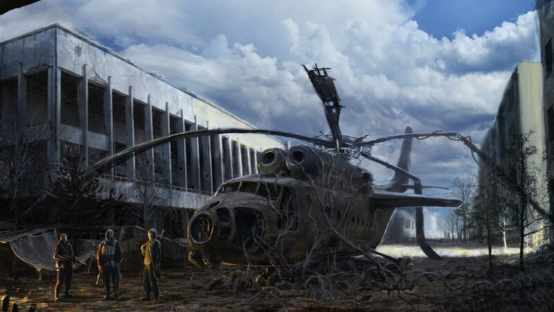 Soldiers Near Crashed Helicopter — Gray