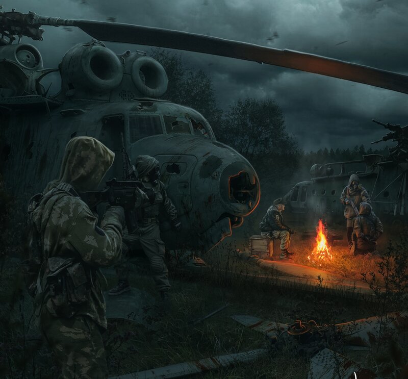 Soldiers Near Crashed Helicopters