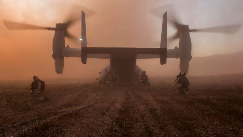 Soldiers Near Helicopter — Brown, Dramatic, Sunset, Photograph