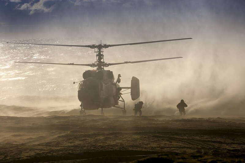 Soldiers Near Helicopter — Brown, Dramatic, Sunset