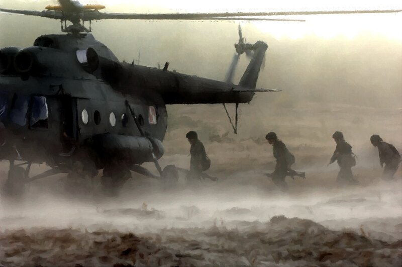 Soldiers Near Helicopter — Brown, Dramatic