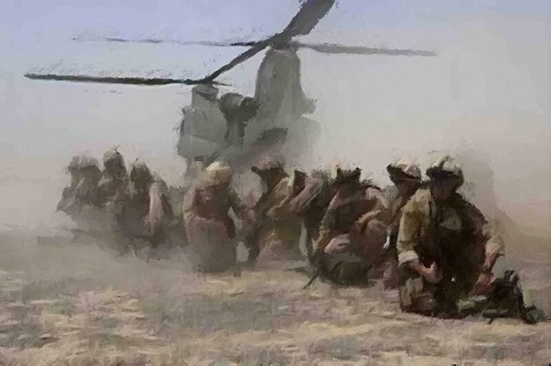 Soldiers Near Helicopter — Brown