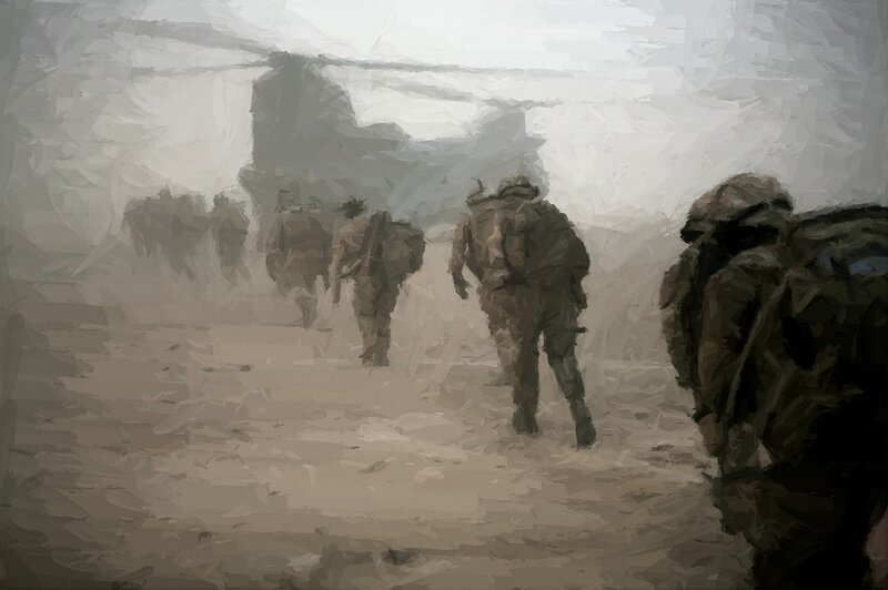 Soldiers Near Helicopter — Gray