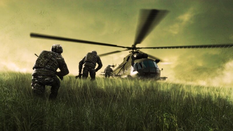 Soldiers near helicopter in field