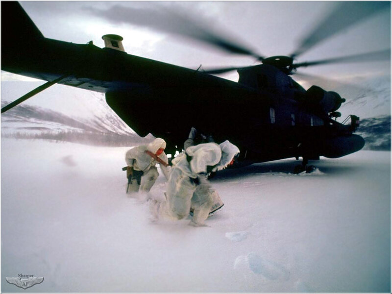 Soldiers near helicopter in snow