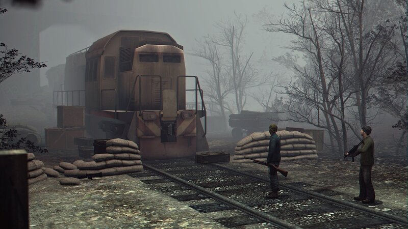 Soldiers near train in fog