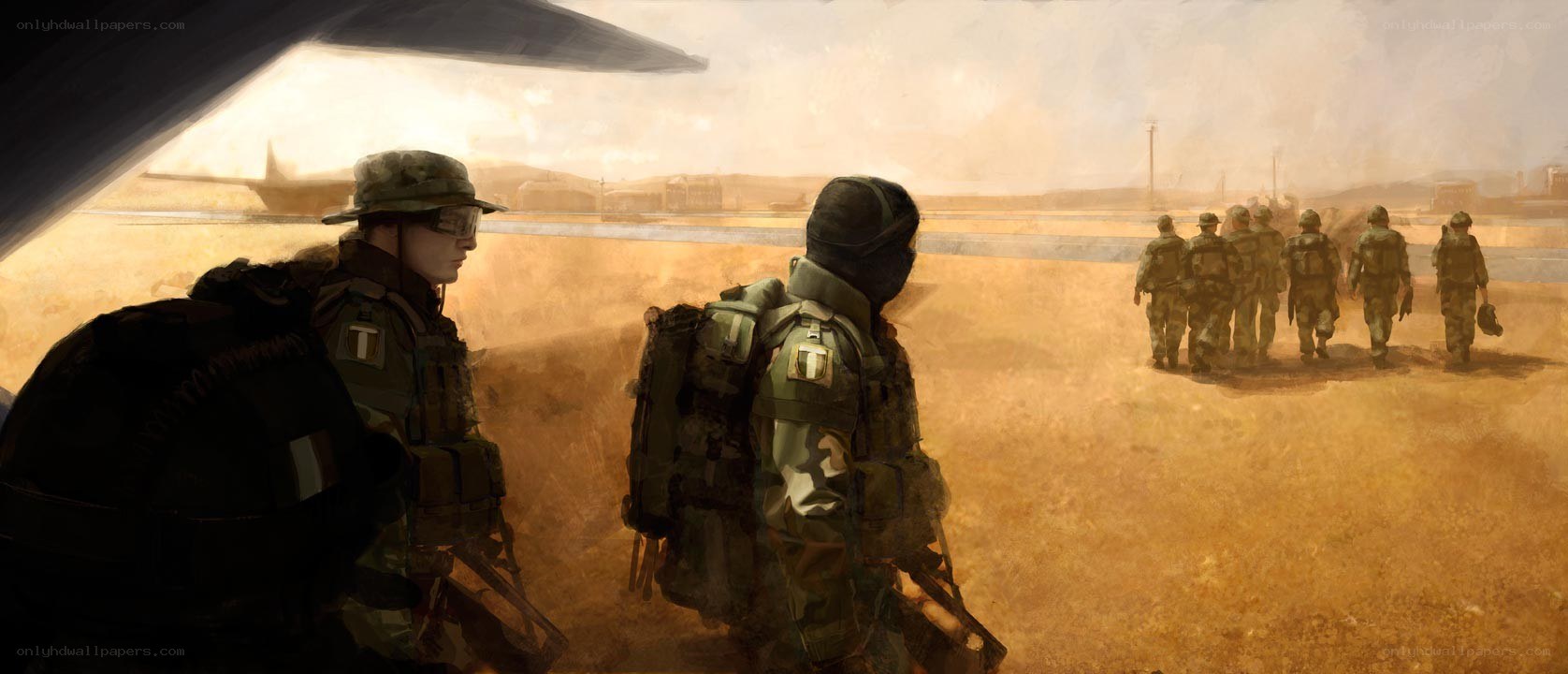 Soldiers on a desert airfield
