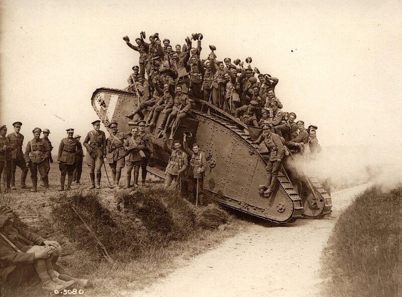 Soldiers on a tank in WWI