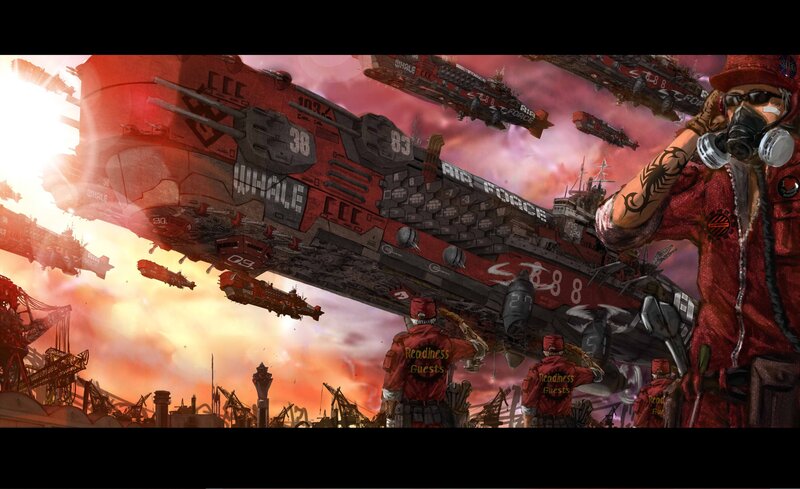 Soldiers on a Warship — Red, Dramatic, Sunset, Digital Art