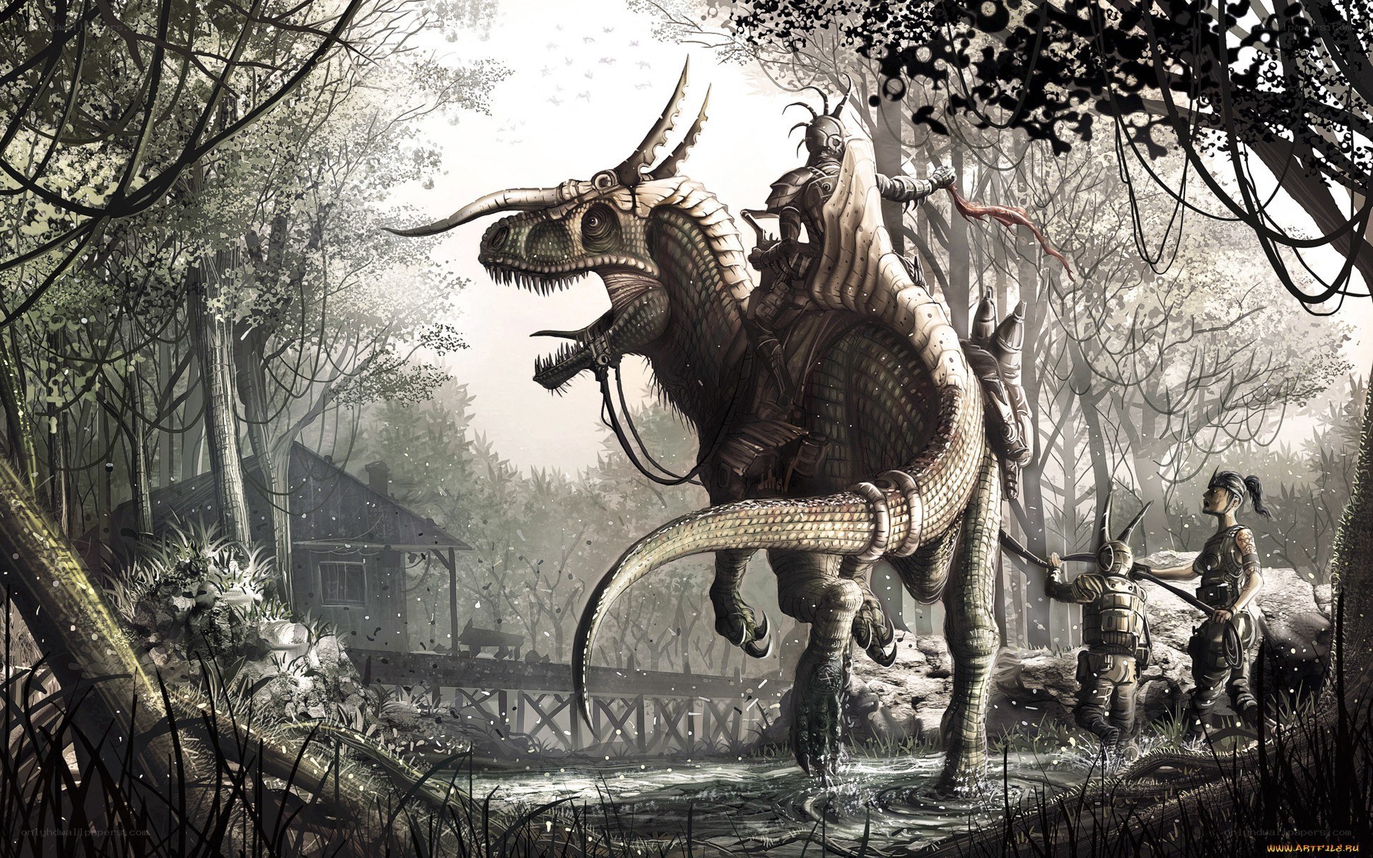Soldiers on dinosaur in forest