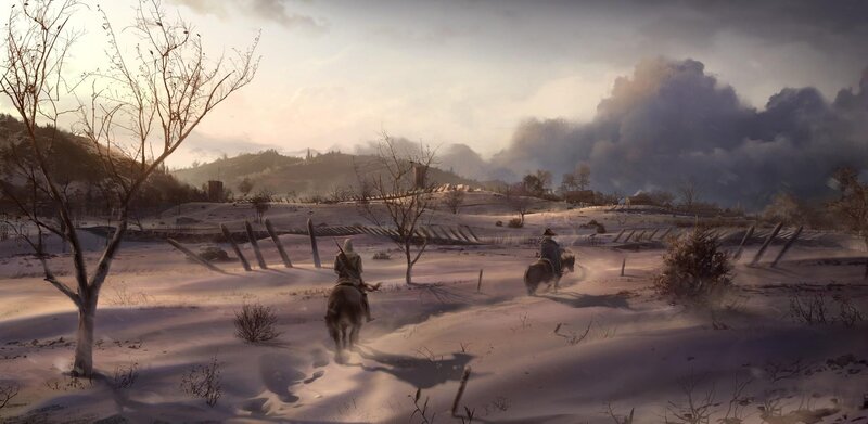 Soldiers on horseback in a snowy landscape