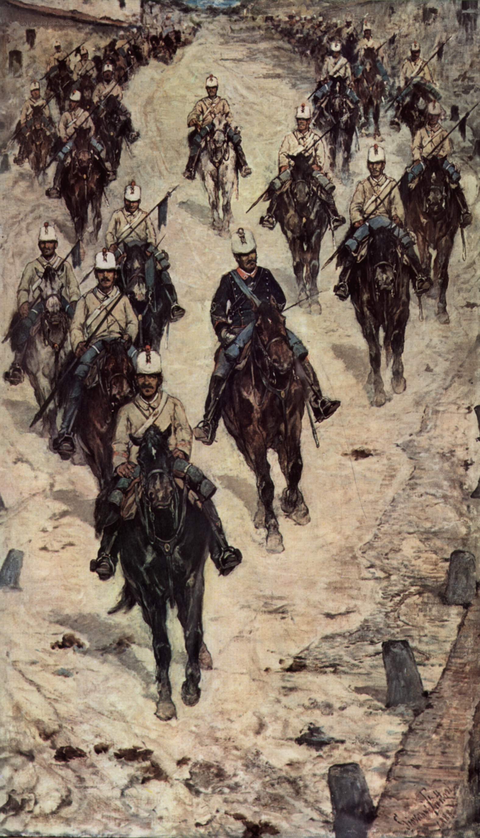 Soldiers on horseback marching