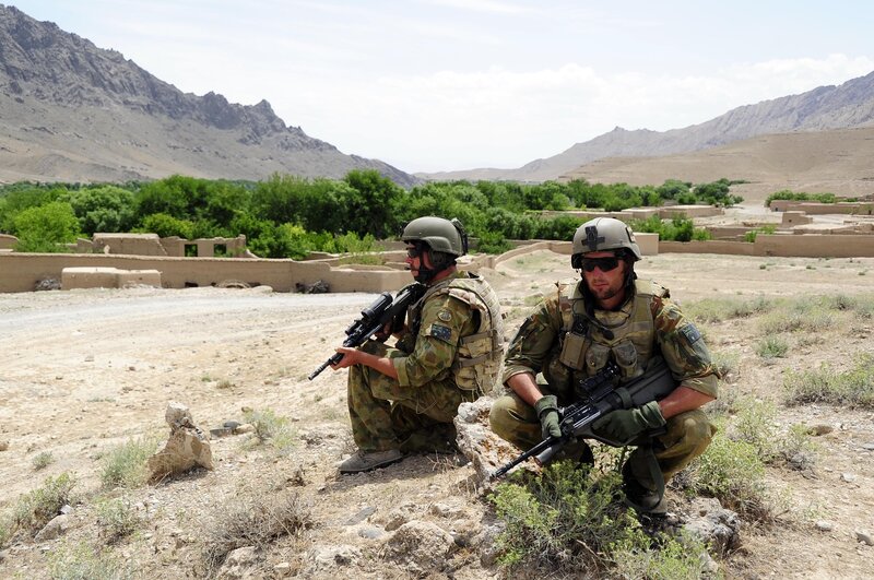 Soldiers on patrol in mountainous region