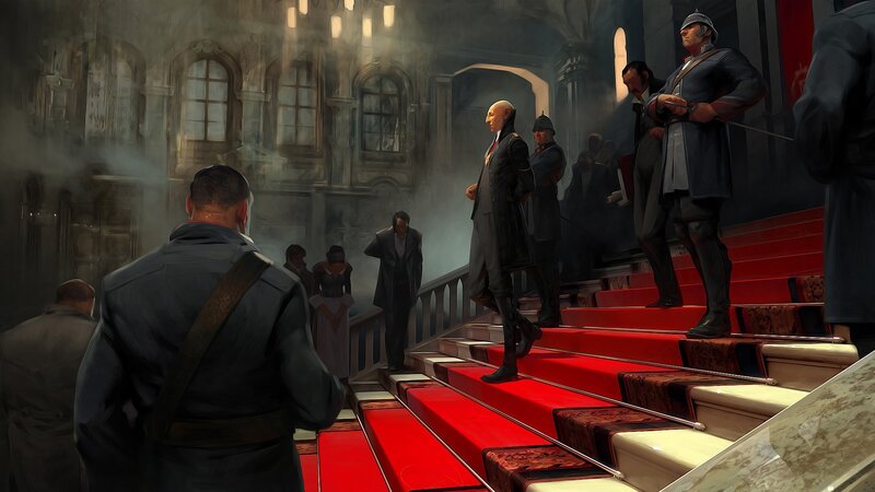 Soldiers on red carpet stairs