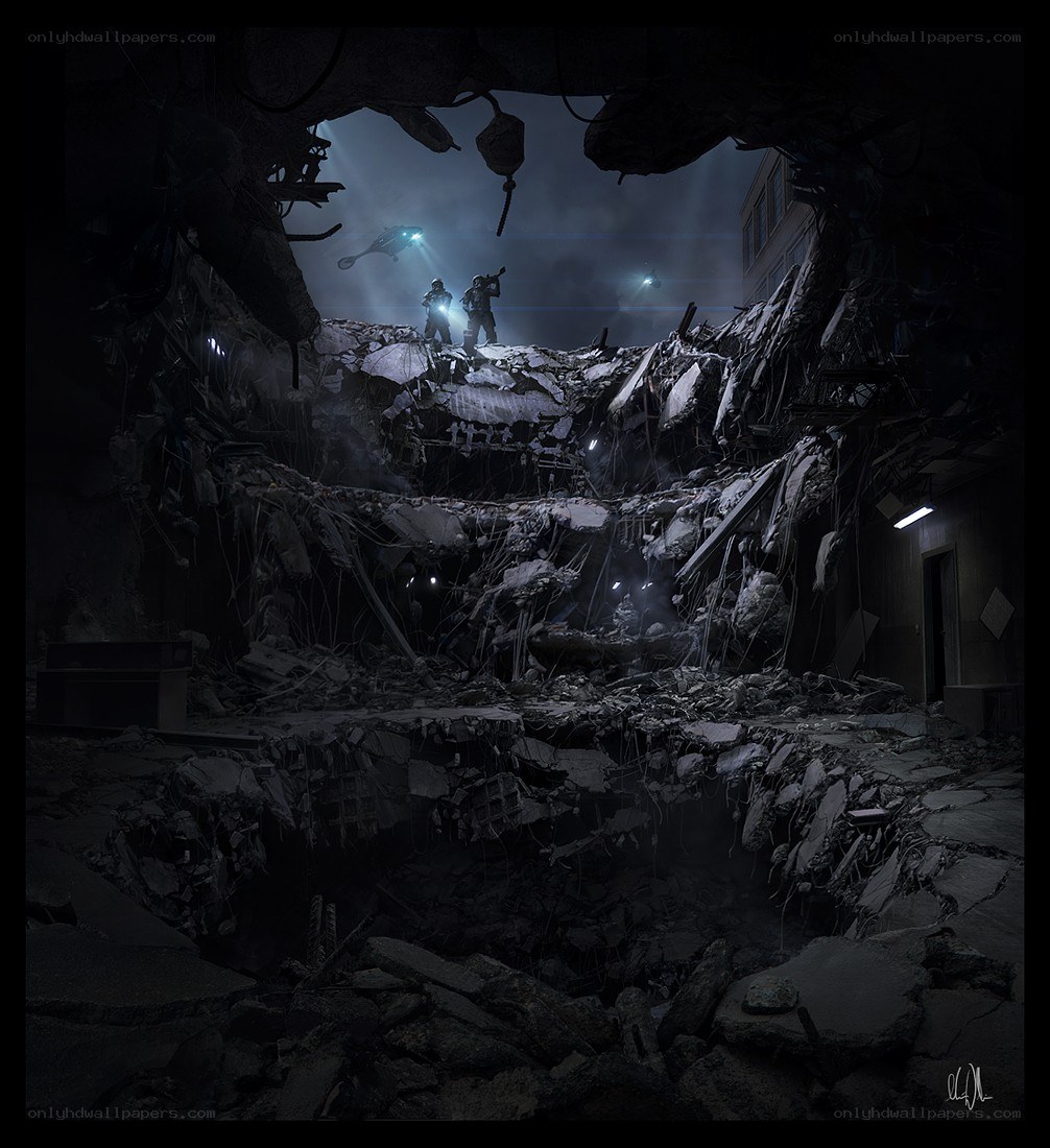 Soldiers on rubble at night