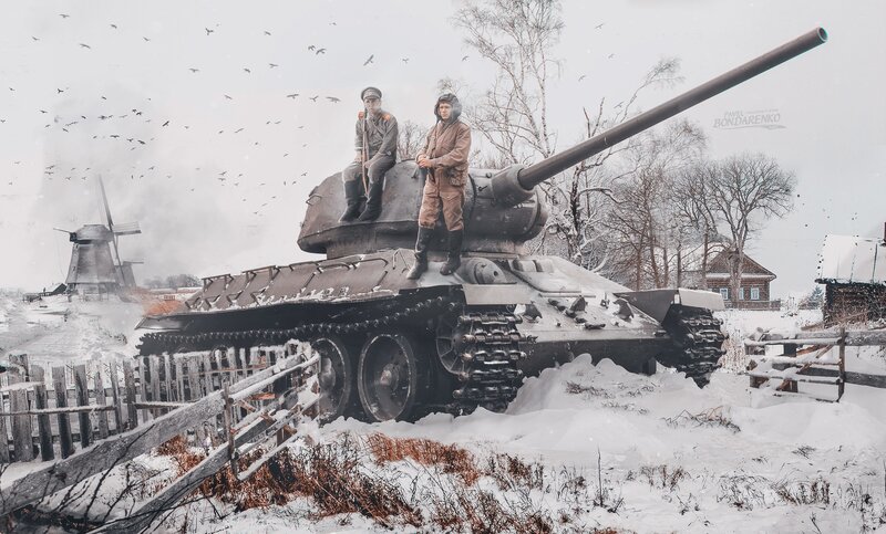 Soldiers on Tank — White