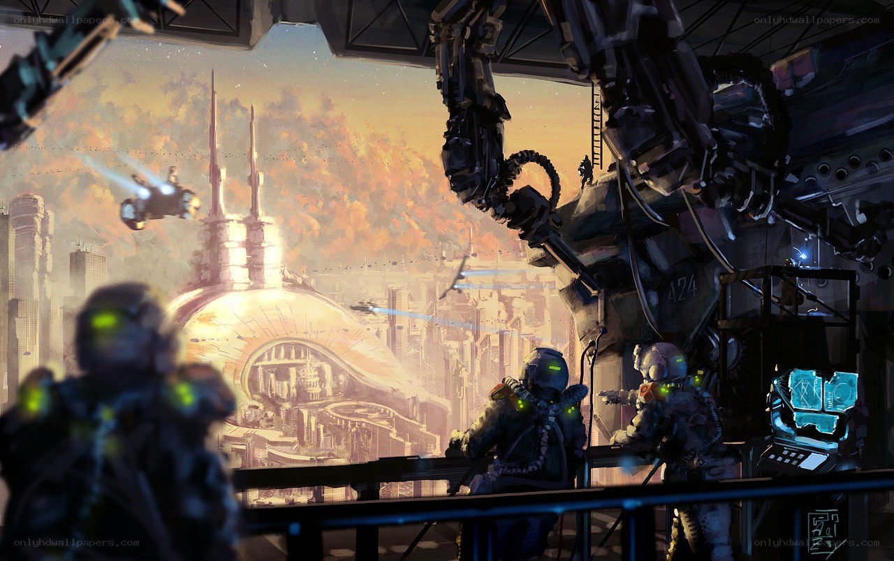Soldiers overlooking a futuristic city