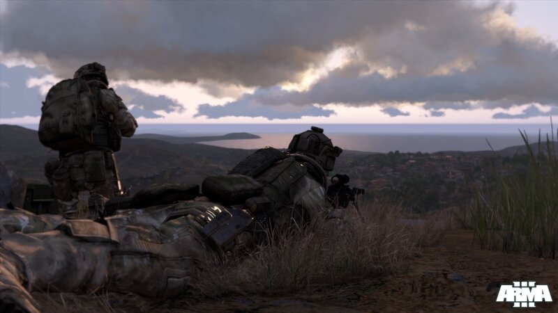 Soldiers overlooking coastal town
