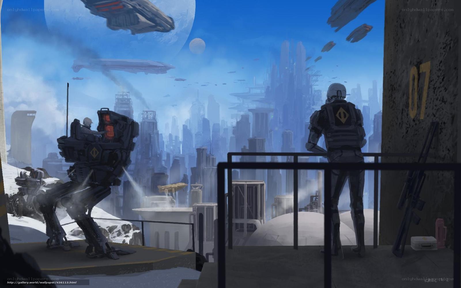 Soldiers overlooking futuristic city