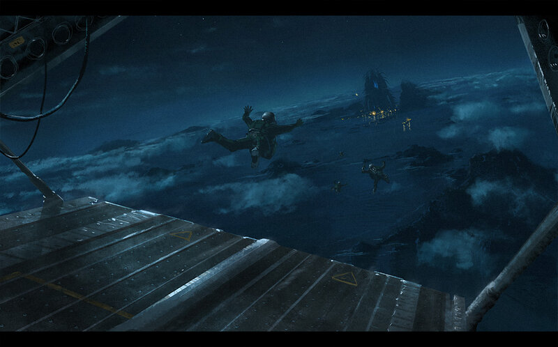 Soldiers parachuting at night