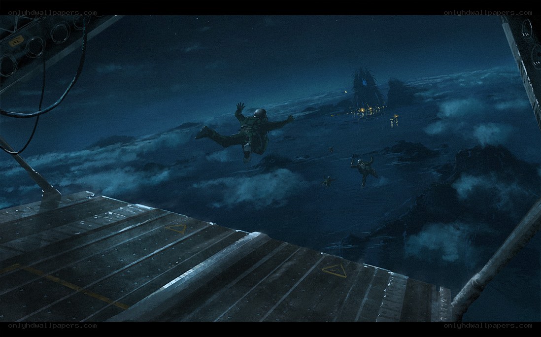 Soldiers parachuting at night