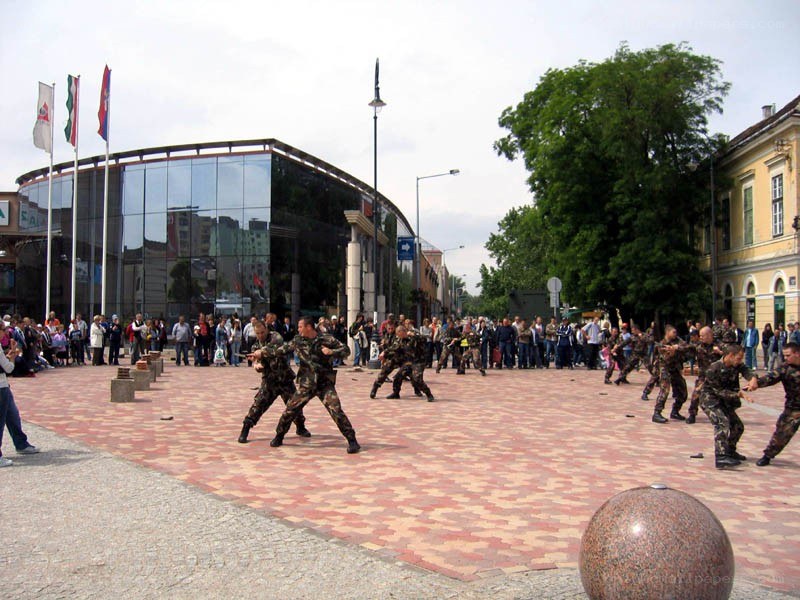 Soldiers performing in a public square