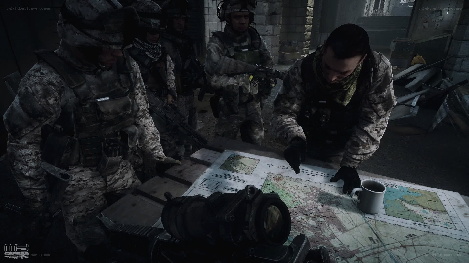 Soldiers planning mission on map