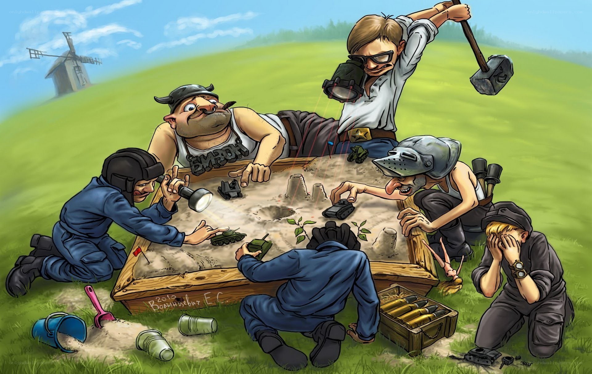 Soldiers playing with toy tanks