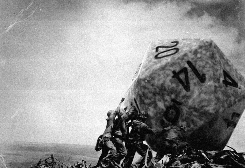 Soldiers pushing a giant die