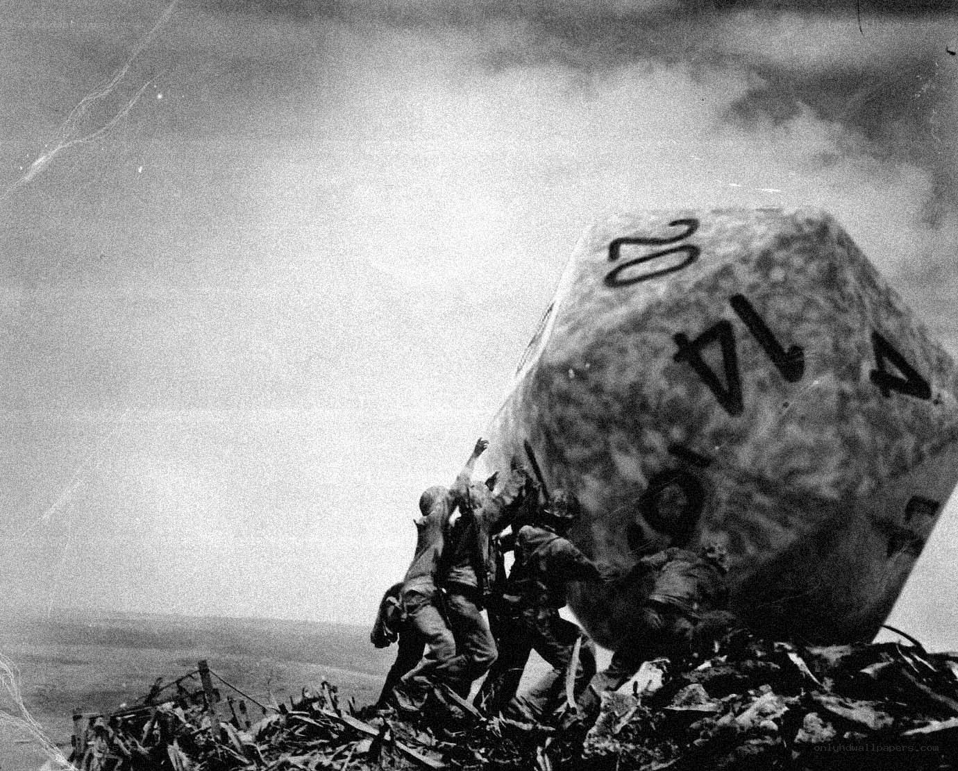 Soldiers pushing a giant die