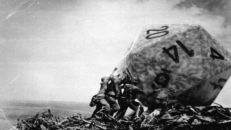 Soldiers Pushing Dice — Black, Dramatic, Photograph, Debris