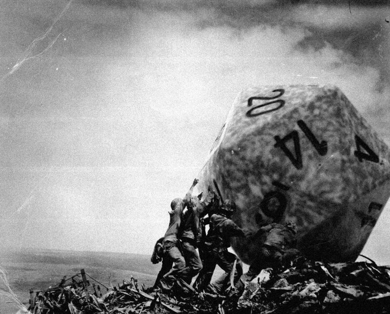 Soldiers pushing giant die
