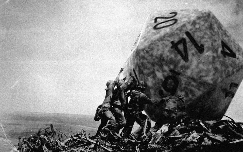 Soldiers pushing giant die