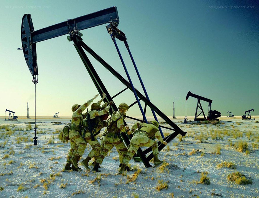 Soldiers pushing oil pump