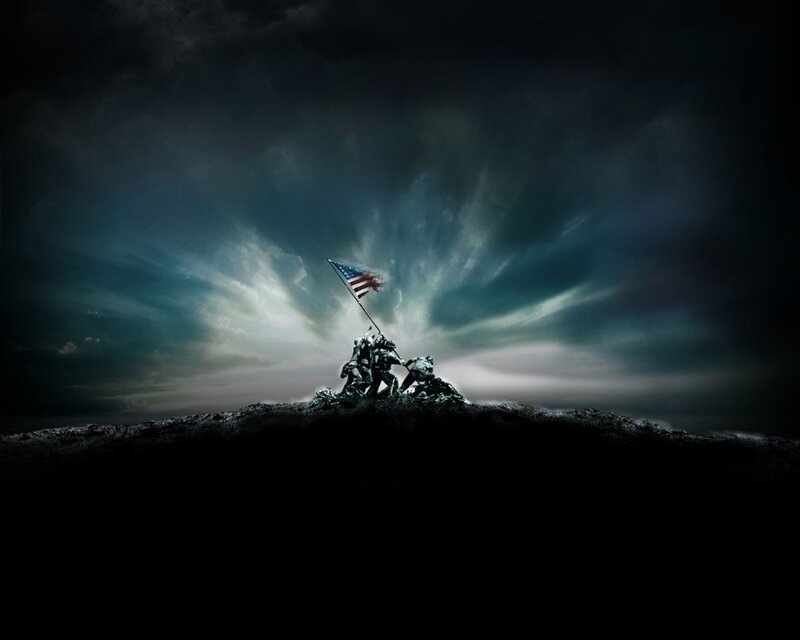 Soldiers Raising Flag — Black, Dramatic, Night