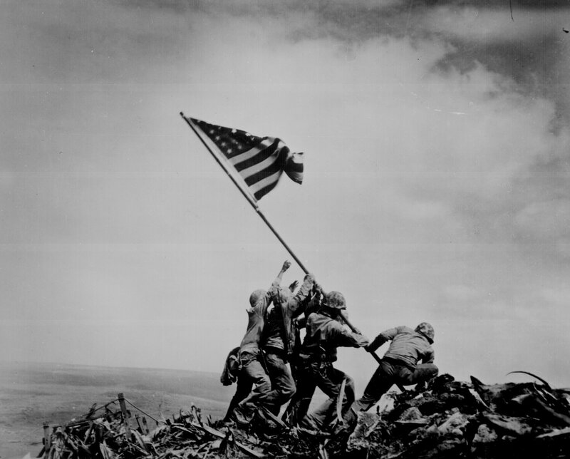Soldiers Raising Flag — Black, Dramatic, Photograph, Debris