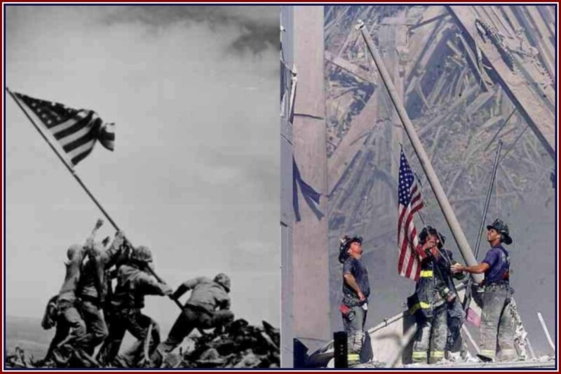 Soldiers Raising Flag — Black, Dramatic, Photograph, Firefighters