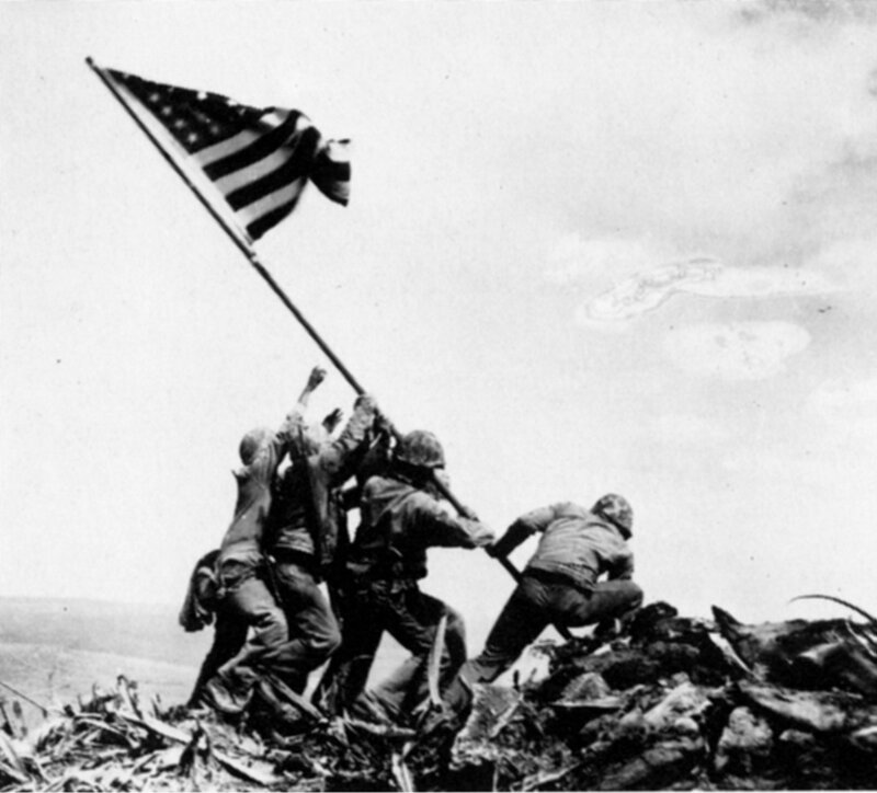 Soldiers Raising Flag — Black, Dramatic, Photograph, Hill, Sky