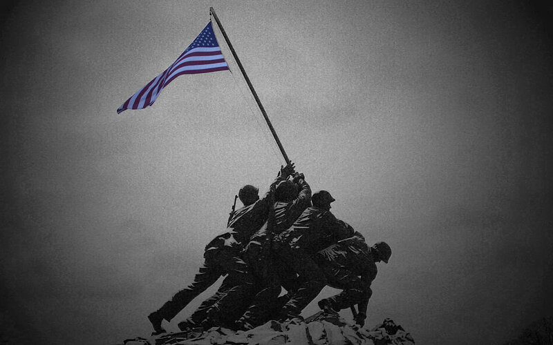 Soldiers Raising Flag — Black, Dramatic, Photograph, Sky