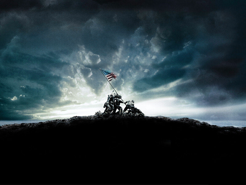 Soldiers Raising Flag — Gray, Dramatic