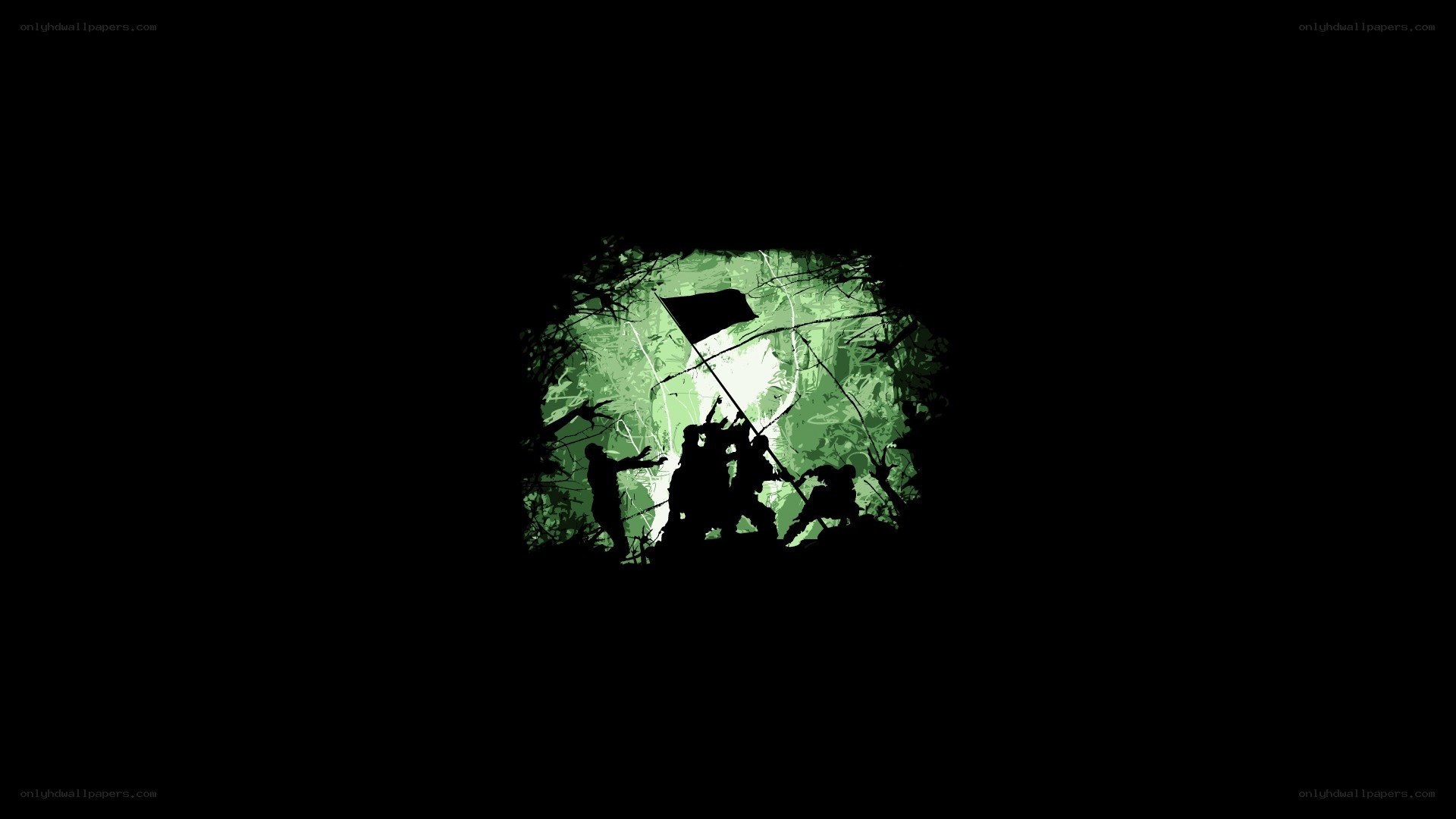 soldiers raising flag in green light