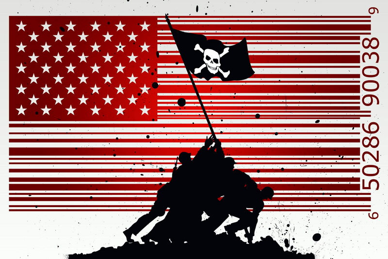 Soldiers Raising Flag — Red, Dramatic, Illustration, American Flag, Skull and Crossbones