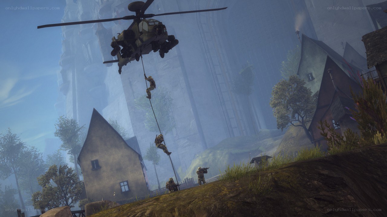 Soldiers rappelling from helicopter