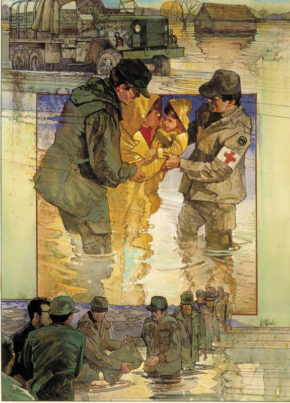 Soldiers rescuing civilians in flood