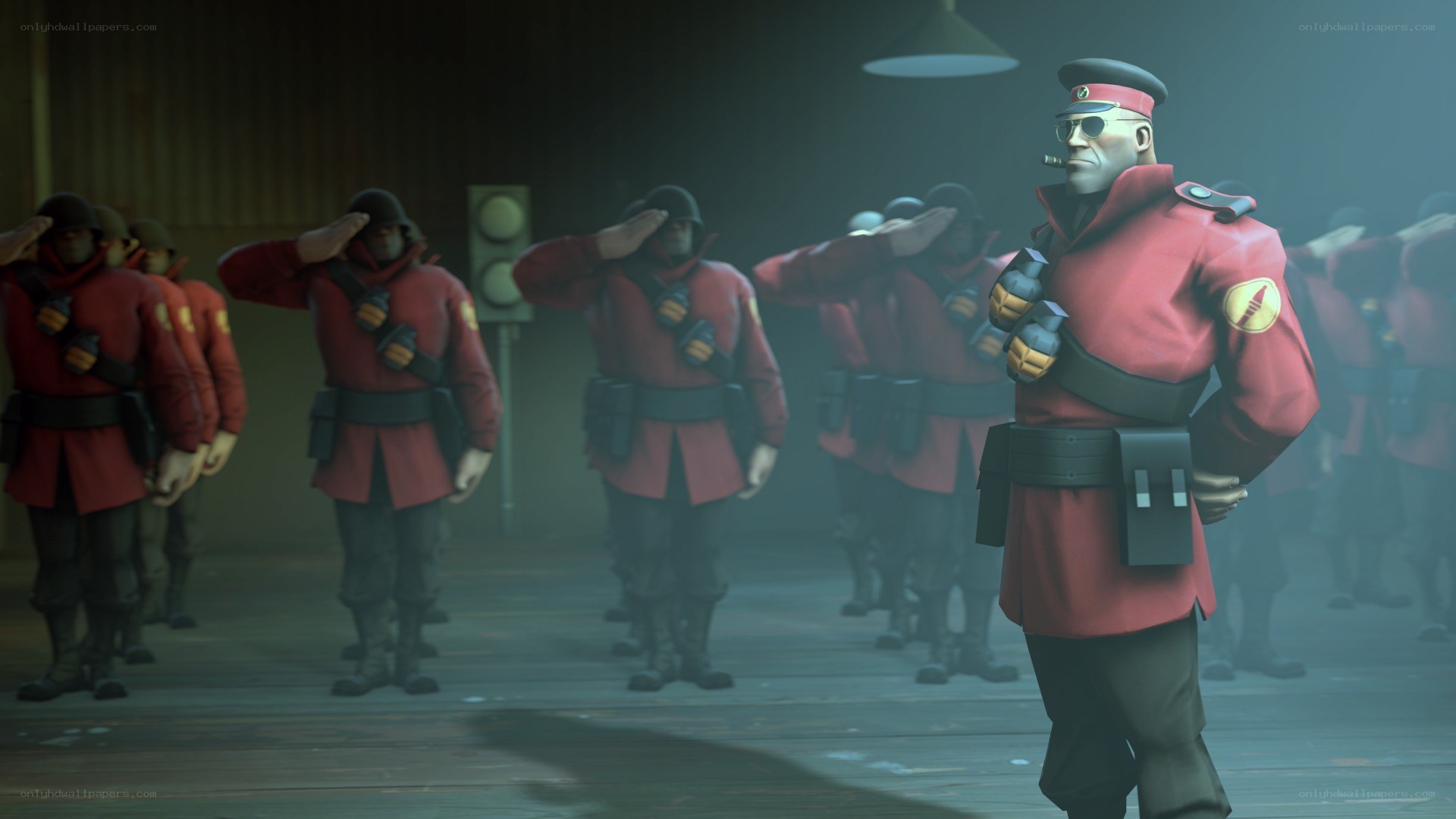 Soldiers saluting in red uniforms