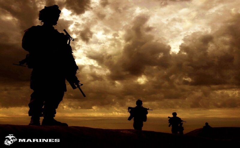 Soldiers Silhouetted at Sunset — Brown