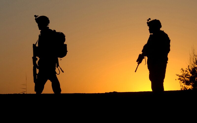 Soldiers Silhouetted at Sunset — Orange, Dramatic, Photograph, Rifle