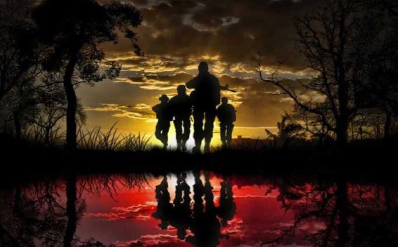 Soldiers Silhouetted at Sunset — Yellow