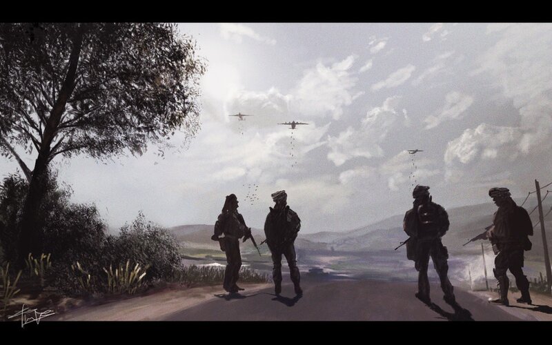 Soldiers under dropping planes